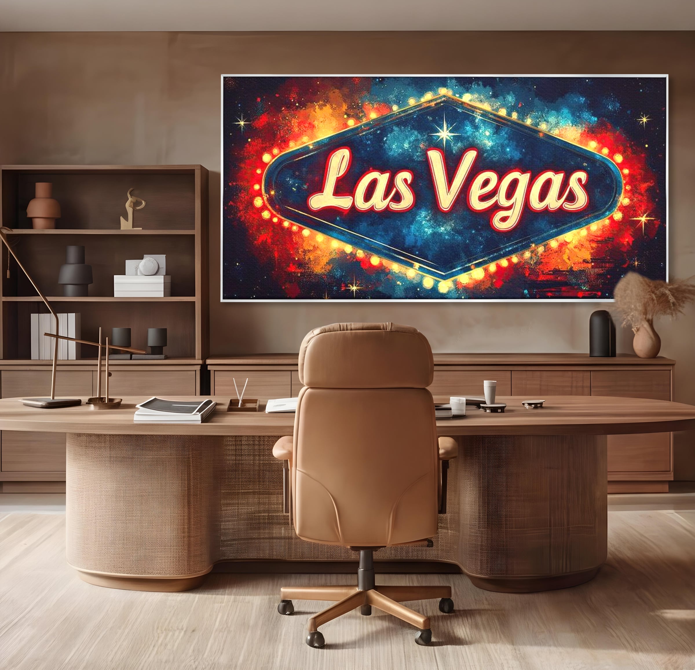 Tablou canvas cu tablou canvas cu semn neon las vegas, in rama de aluminiu argintiu, pe perete intr-un birou